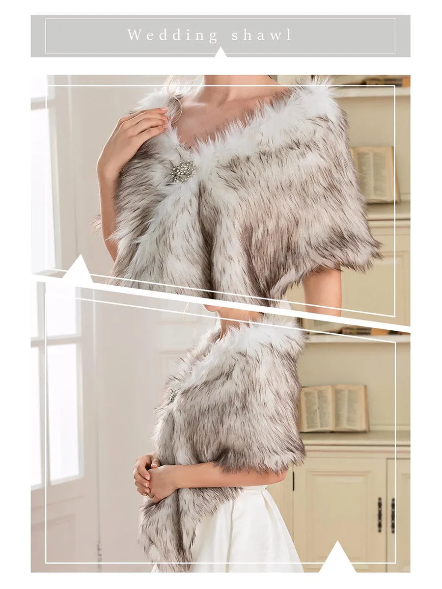 2025 Soft Gradient White-Brown Faux Fur Stole With Buttons