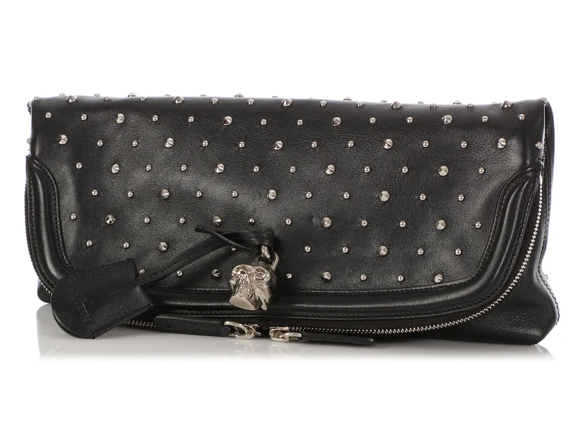 Alexander McQueen Black Calfskin Studded Padlock Skull Clutch