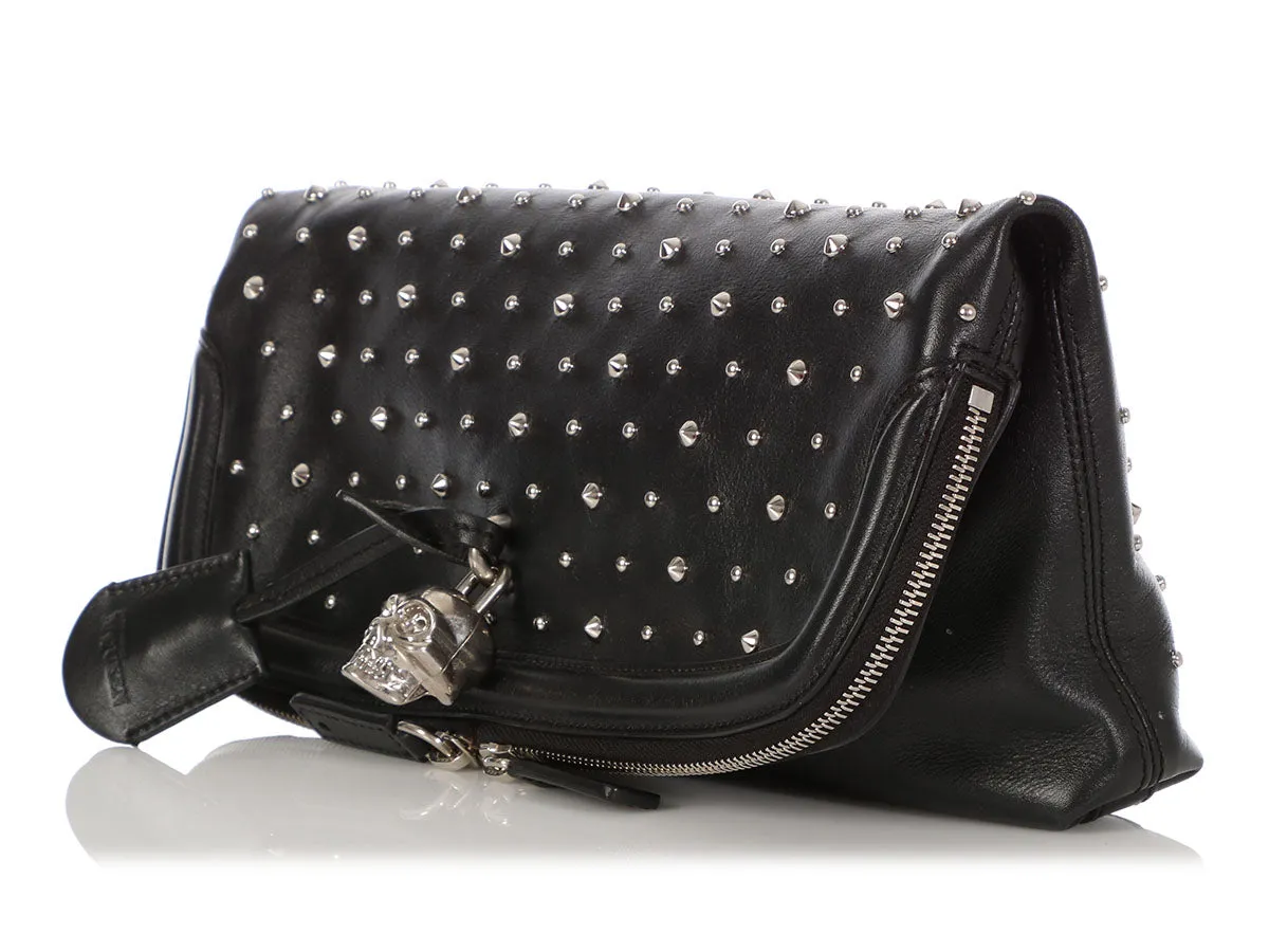 Alexander McQueen Black Calfskin Studded Padlock Skull Clutch