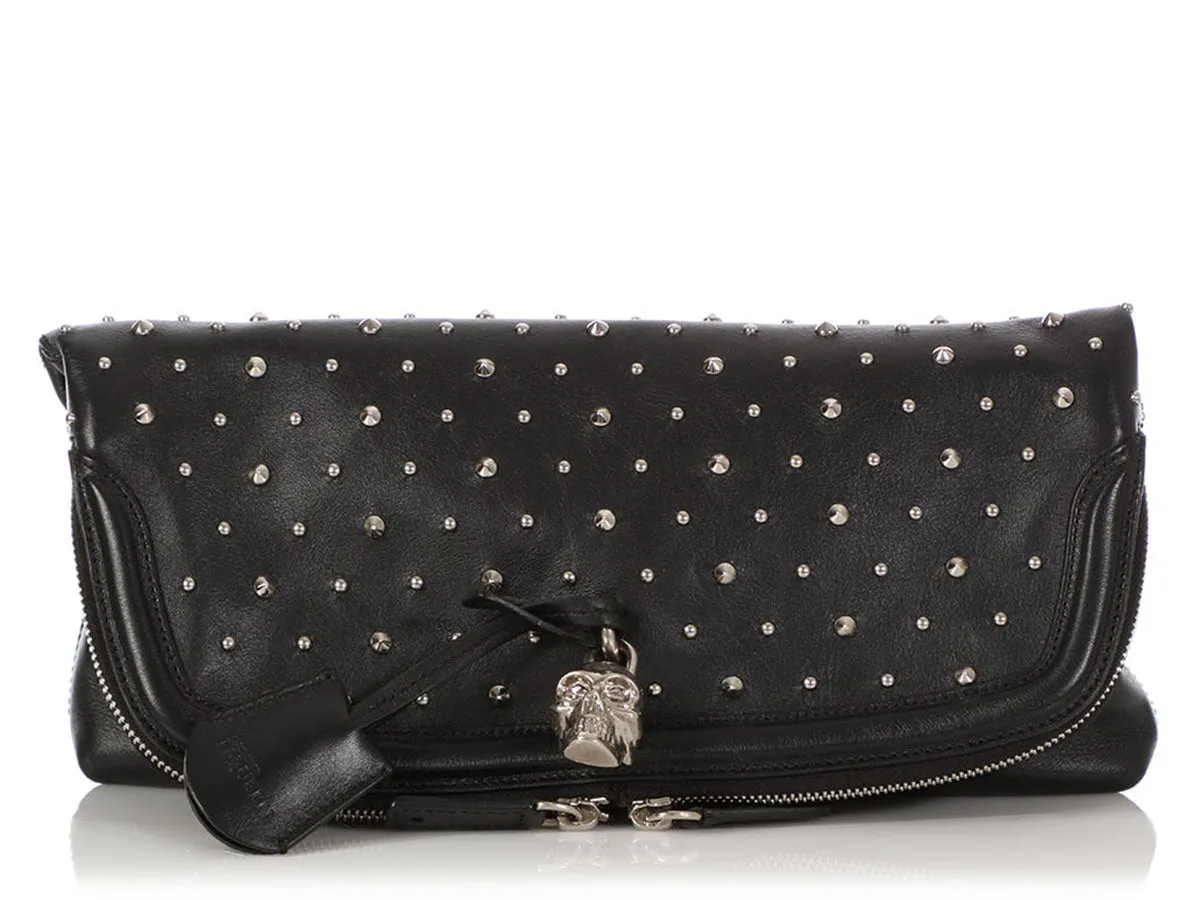 Alexander McQueen Black Calfskin Studded Padlock Skull Clutch