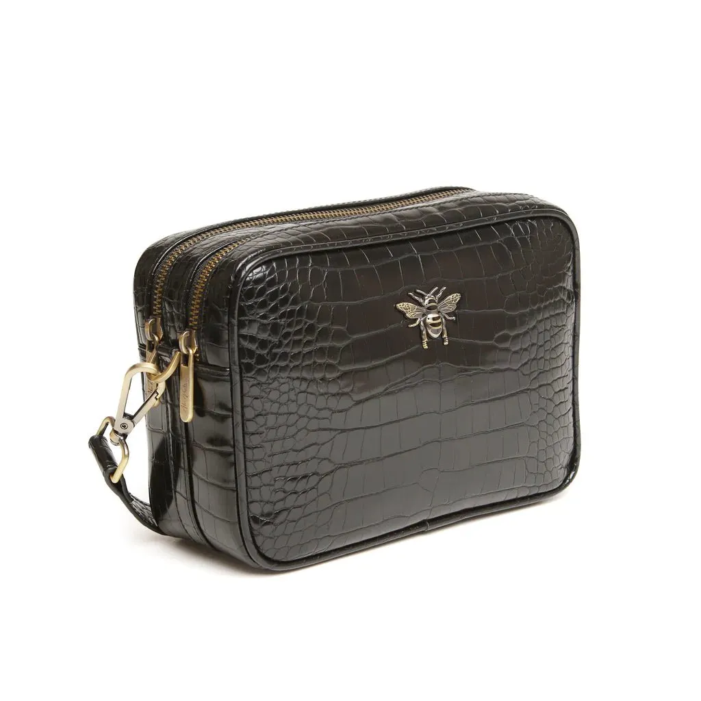 Alice Wheeler Black Croc Soho Camera Cross Body Bag