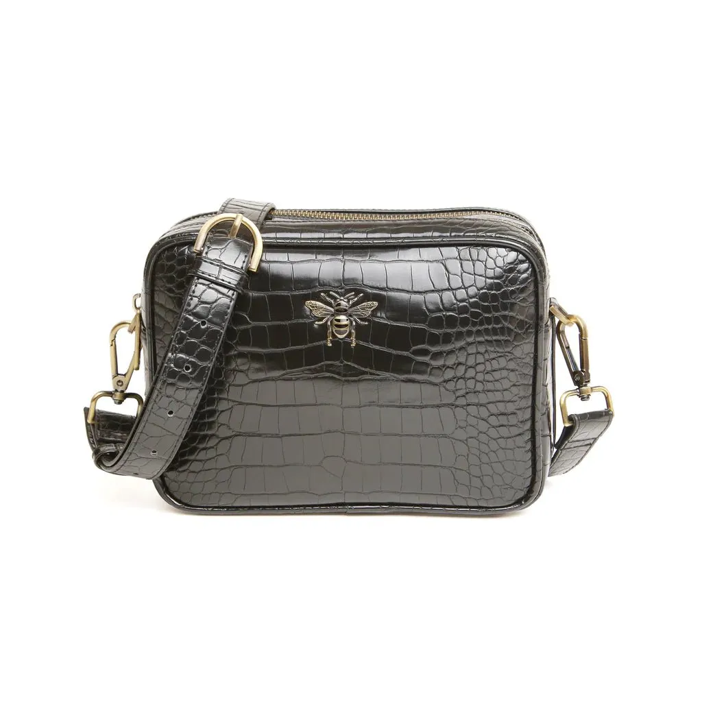 Alice Wheeler Black Croc Soho Camera Cross Body Bag