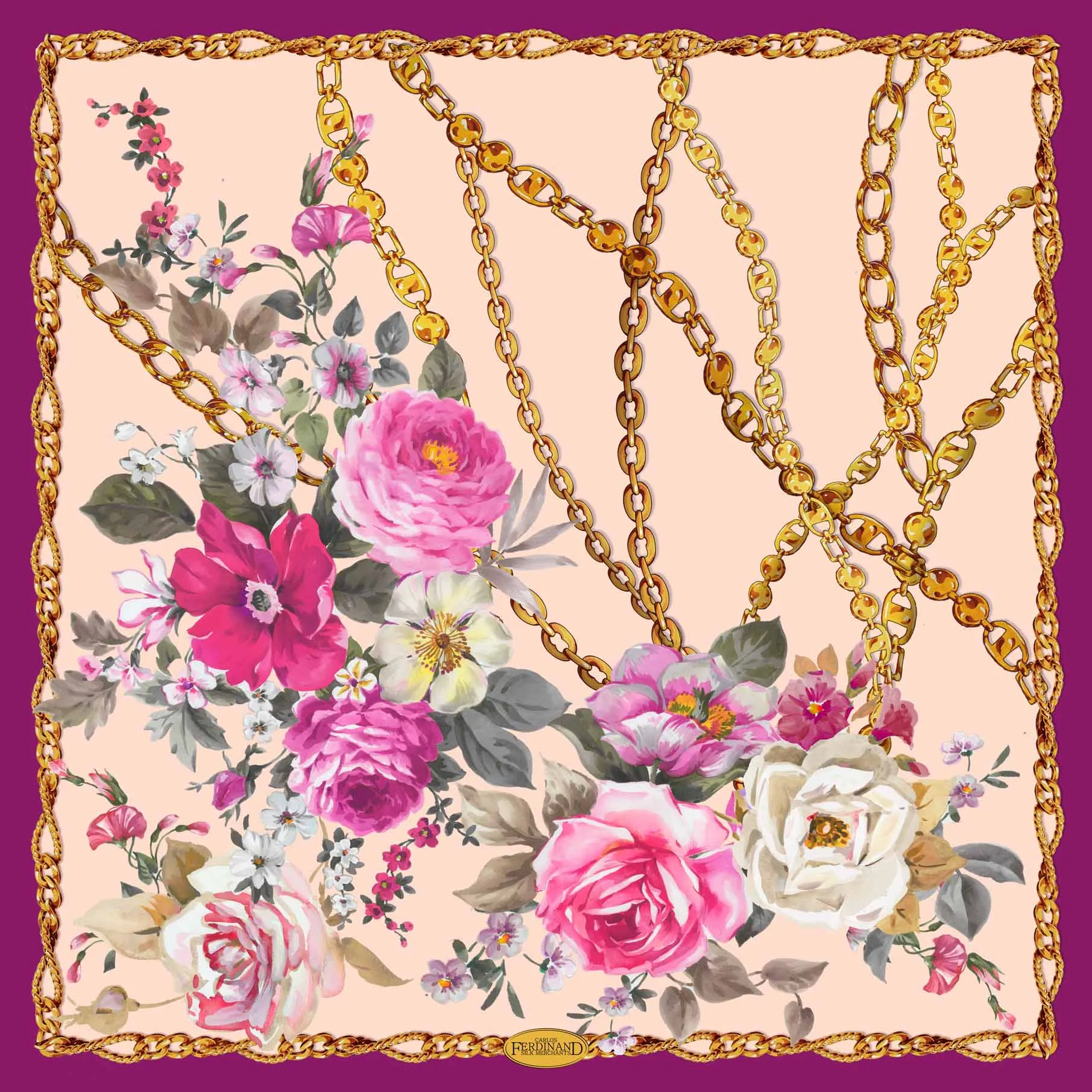 Carlos Ferdinand Pink painted roses with gold chain border - CF67-1 90cm