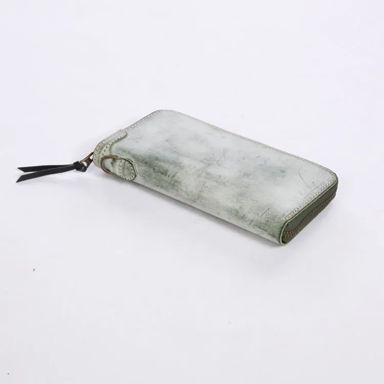 Chic Women's Waxed Leather Billfold Zip Around Wallet For Women