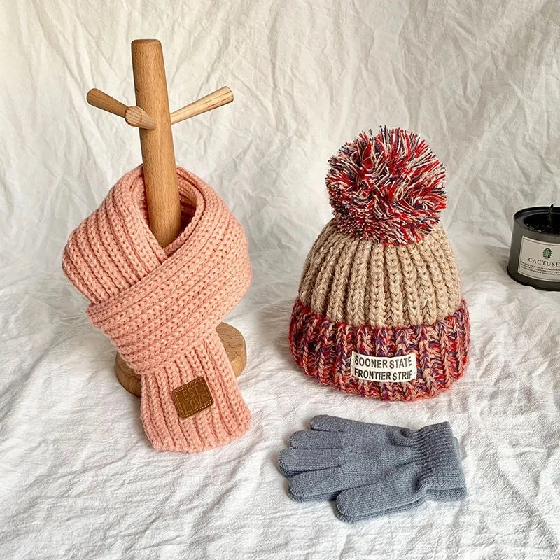 Children's Hat Scarf Autumn And Winter Baby Warm Fleece-lined Hat Gloves Three-piece Set Boys And Girls Knitted Hat Trendy
