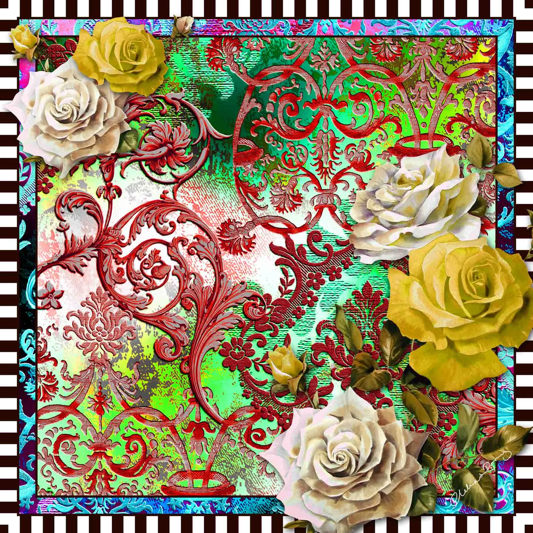 Clelia & Romy Cream/gold roses/red scrolls  CR543-3 90cm