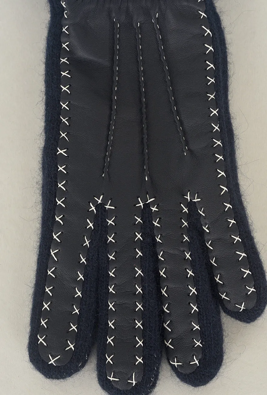 Contrast Stitch Leather/Wool Glove, Marino