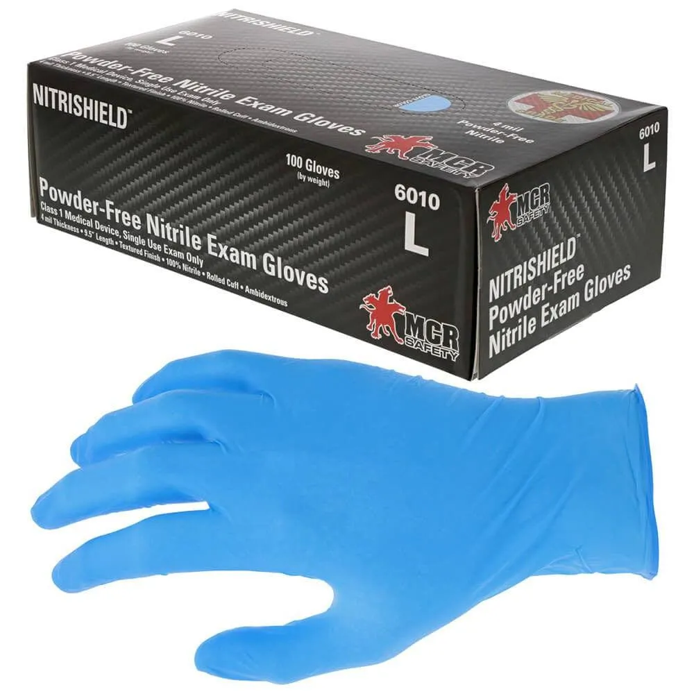 MCR Safety 6010 NitriShield Disposable Gloves Medical Grade Powder Free 4-Mil (Box 100)