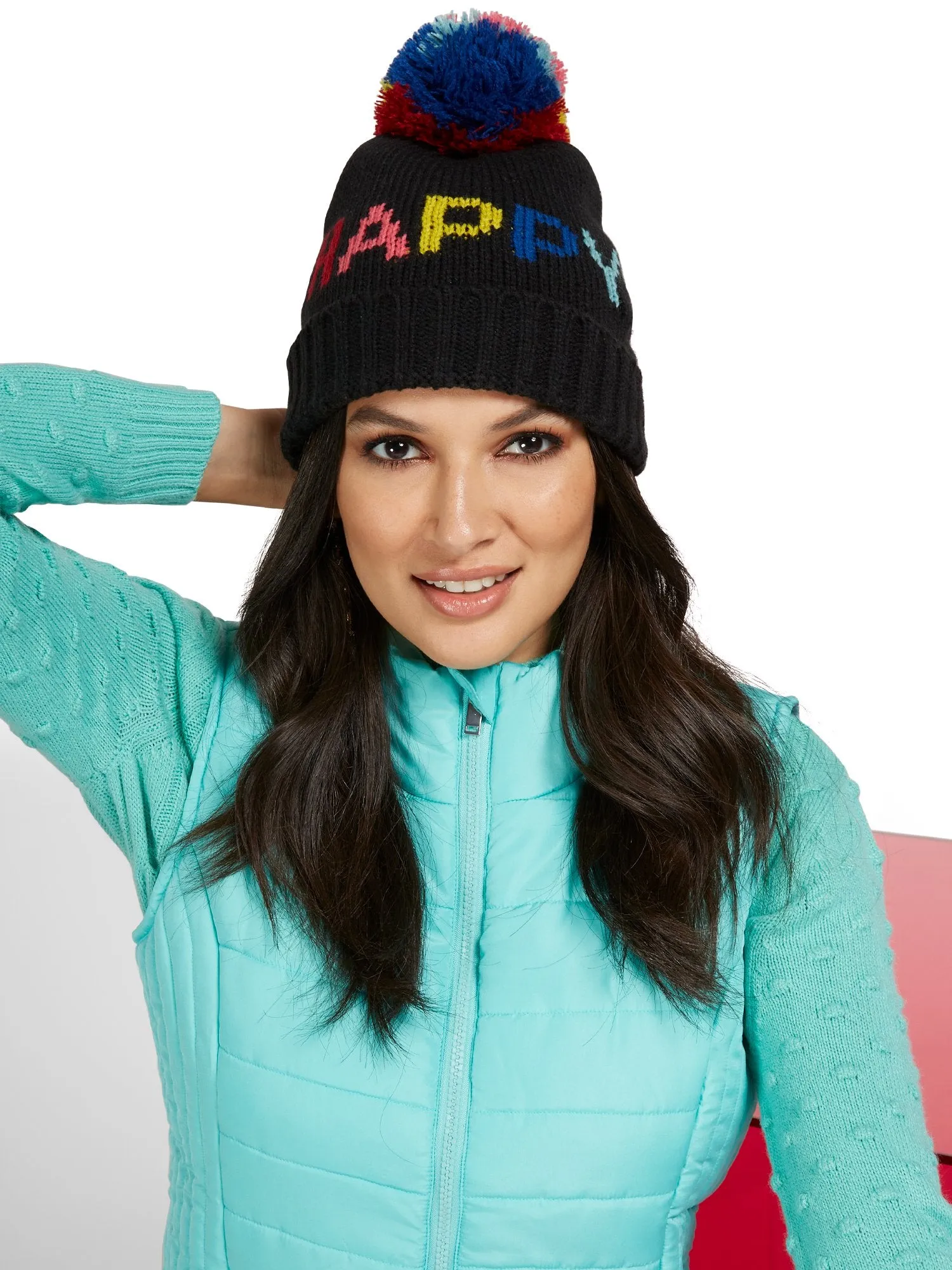 Rainbow-Print Happy Pom-Pom Knit Hat