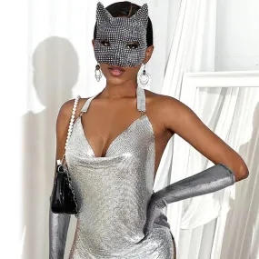Trendy Cat Inspired Rhinestone Mask Gloves Set