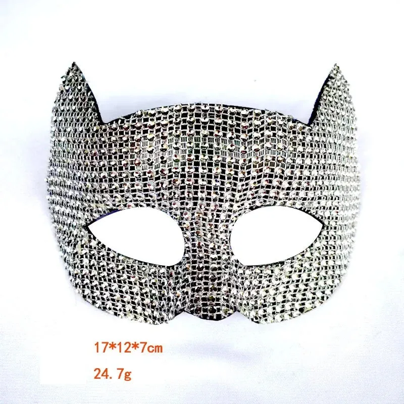 Trendy Cat Inspired Rhinestone Mask Gloves Set