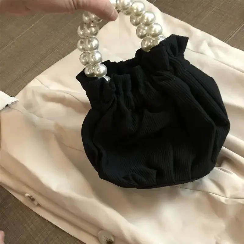 UAKISS  -  Japanese Kawaii Cute Pleated Top-Handle Bags Korean Y2k Women Pearl Chain Purses and Handbags Elegant Chic Sweet Ladies Clutches
