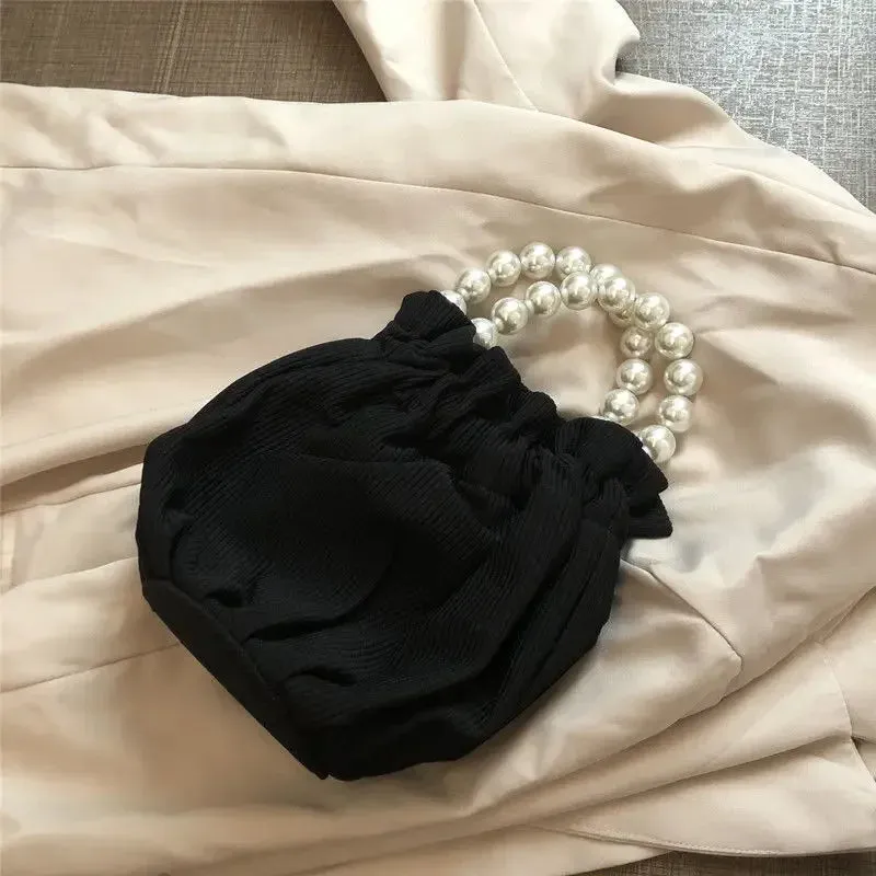UAKISS  -  Japanese Kawaii Cute Pleated Top-Handle Bags Korean Y2k Women Pearl Chain Purses and Handbags Elegant Chic Sweet Ladies Clutches