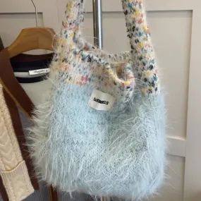 UAKISS  -  Women Kawaii Cute Fluffy Top-Handle Bags Japanese Sweet Patchwork Knitted Clutches Y2k Aesthetic Chic Trendy Purses and Handbags