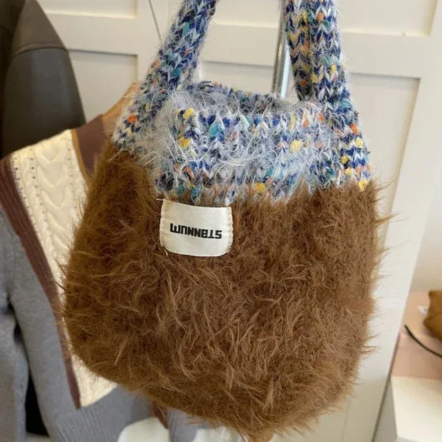 UAKISS  -  Women Kawaii Cute Fluffy Top-Handle Bags Japanese Sweet Patchwork Knitted Clutches Y2k Aesthetic Chic Trendy Purses and Handbags