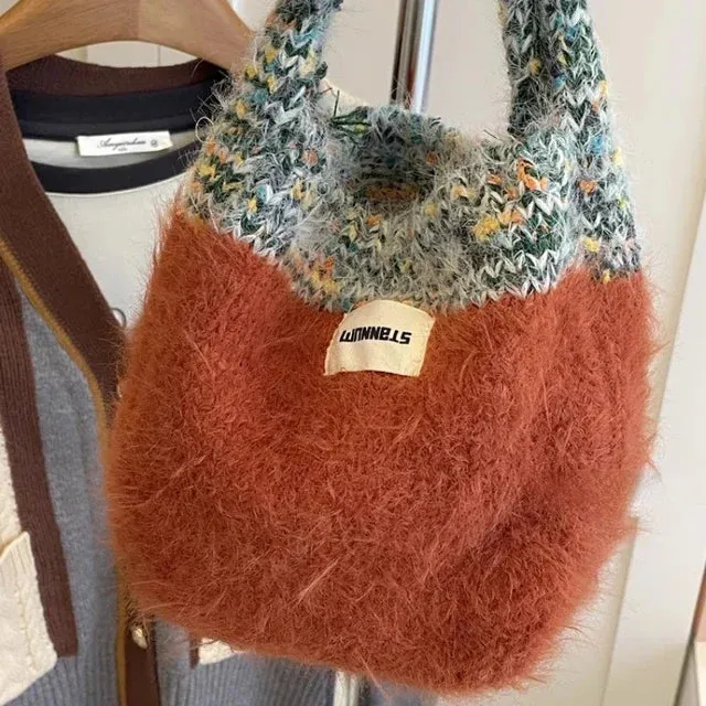 UAKISS  -  Women Kawaii Cute Fluffy Top-Handle Bags Japanese Sweet Patchwork Knitted Clutches Y2k Aesthetic Chic Trendy Purses and Handbags