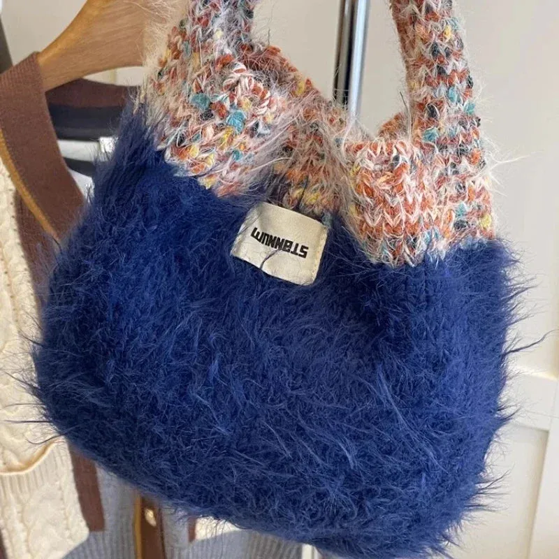 UAKISS  -  Women Kawaii Cute Fluffy Top-Handle Bags Japanese Sweet Patchwork Knitted Clutches Y2k Aesthetic Chic Trendy Purses and Handbags