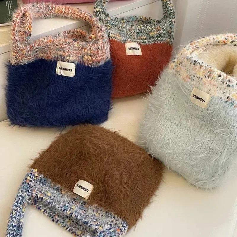 UAKISS  -  Women Kawaii Cute Fluffy Top-Handle Bags Japanese Sweet Patchwork Knitted Clutches Y2k Aesthetic Chic Trendy Purses and Handbags