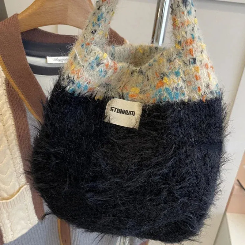 UAKISS  -  Women Kawaii Cute Fluffy Top-Handle Bags Japanese Sweet Patchwork Knitted Clutches Y2k Aesthetic Chic Trendy Purses and Handbags